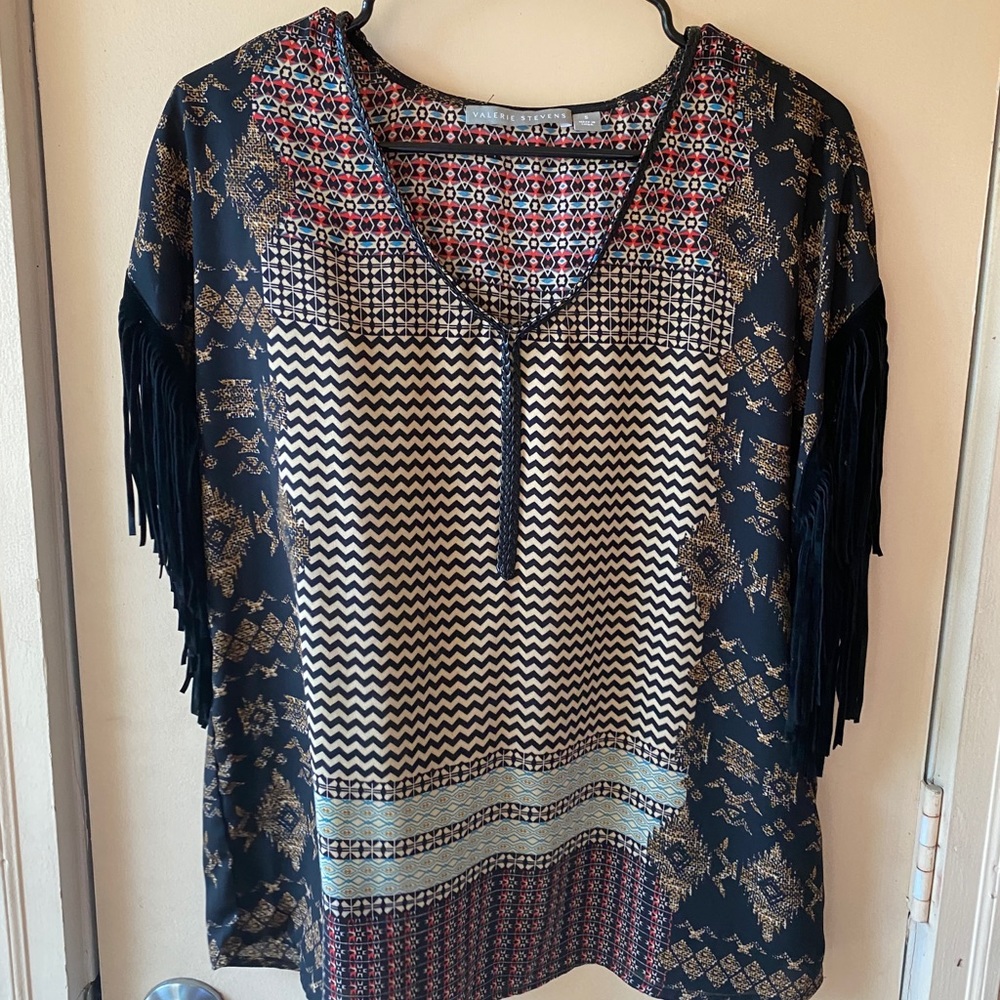 Fringed sleeve western print blouse